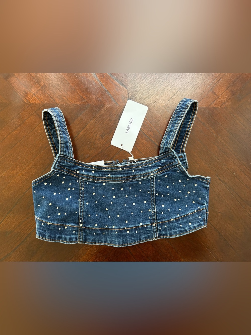 Labijou Dark Blue Denim Pearl-Embellished Crop Top size s